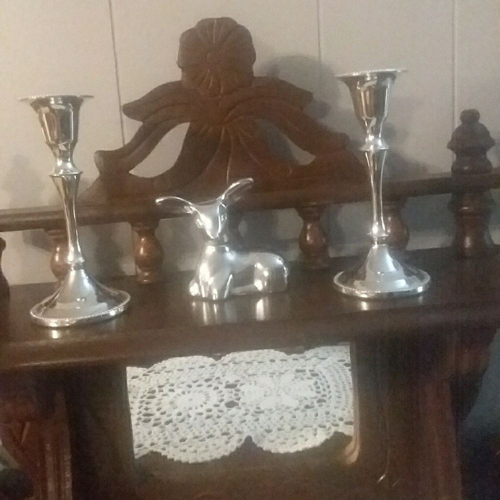 Vintage silver candle sticks and small fawn